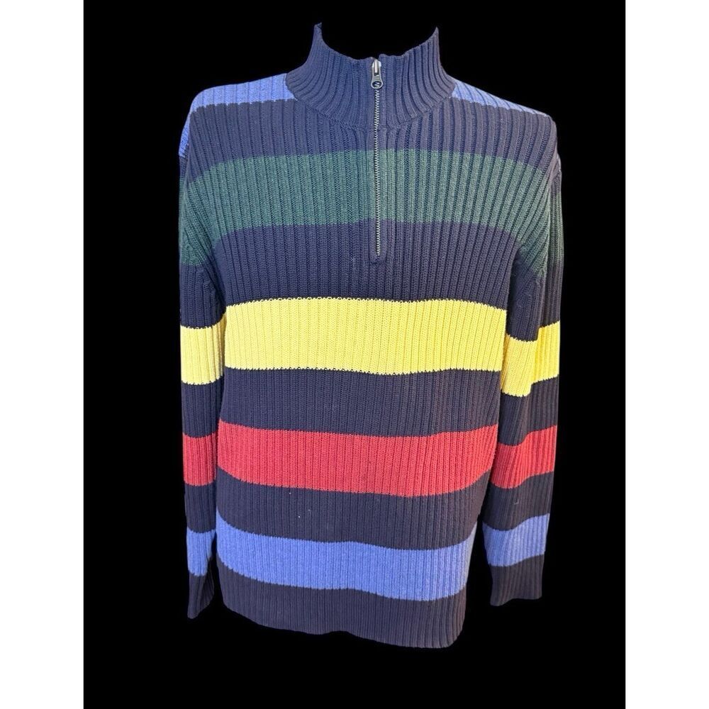 Lands End Quarter Zip Color Block Stripe Sweater Mock Neck Sz. XL Preppy - Picture 4 of 12